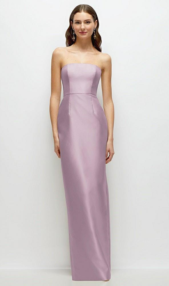 strapless satin column dress with back slit