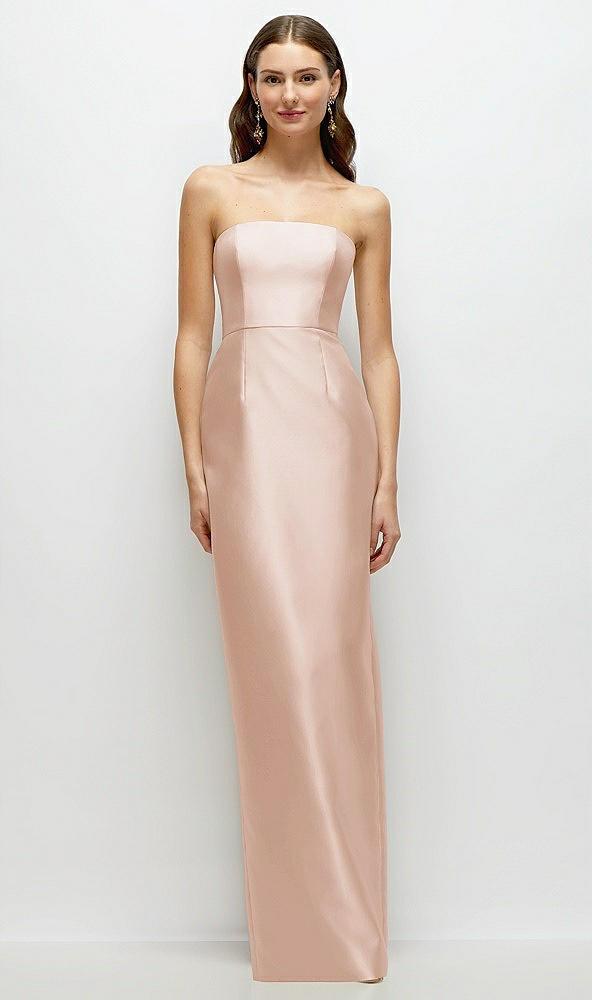strapless satin column dress with back slit
