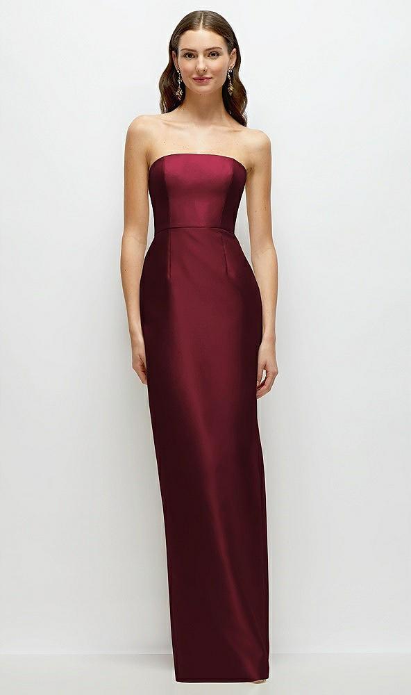 strapless satin column dress with back slit