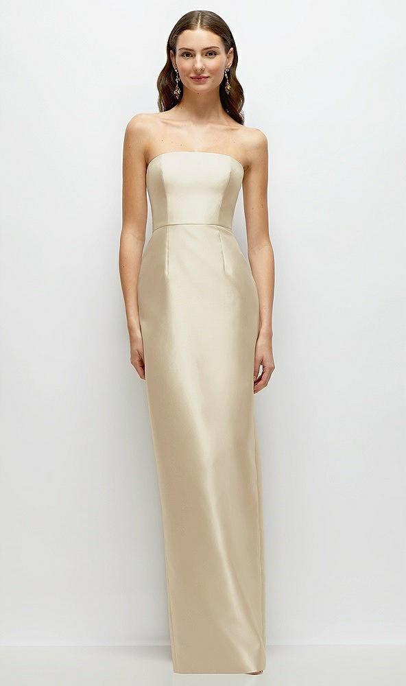 strapless satin column dress with back slit
