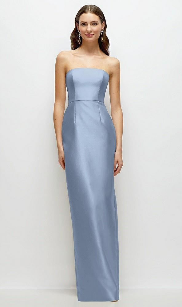 strapless satin column dress with back slit
