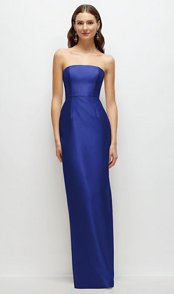 strapless satin column dress with back slit