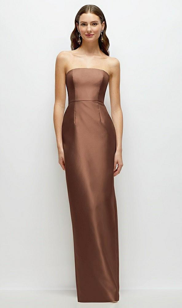 strapless satin column dress with back slit