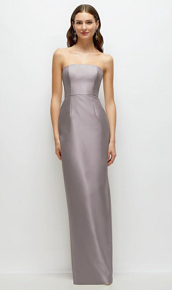 strapless satin column dress with back slit