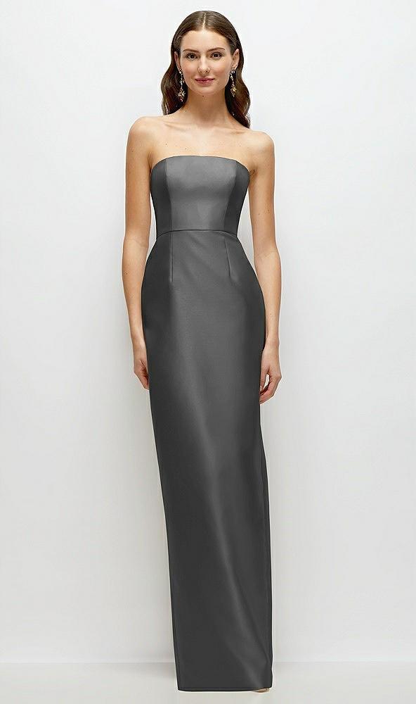 strapless satin column dress with back slit