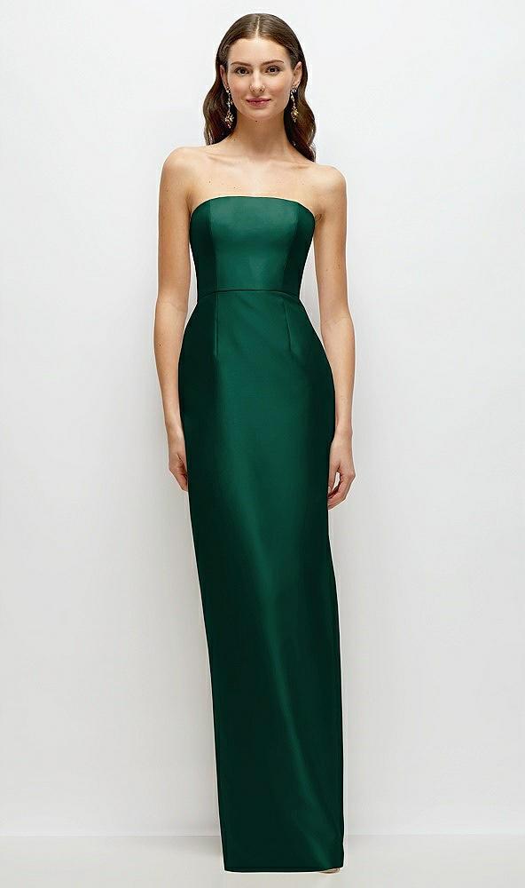 strapless satin column dress with back slit