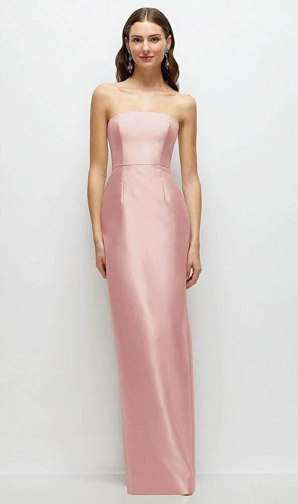 strapless satin column dress with back slit