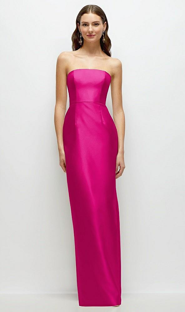 strapless satin column dress with back slit