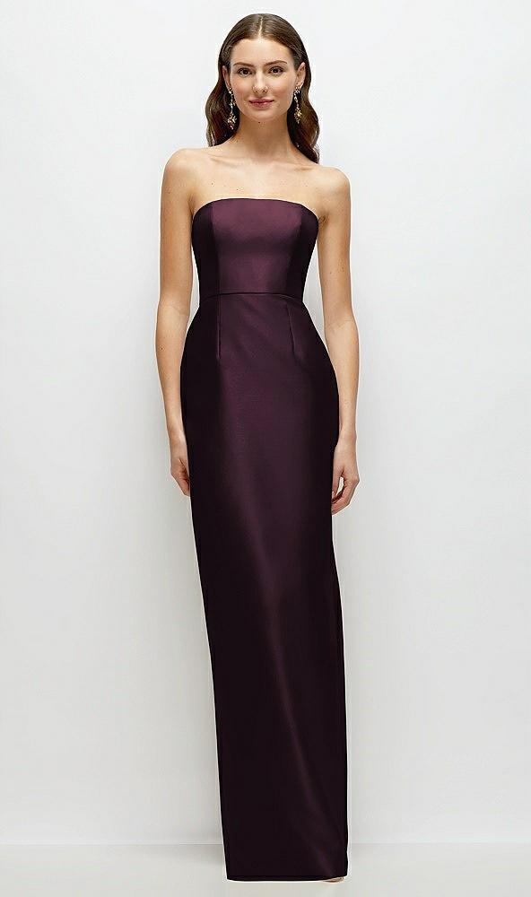 strapless satin column dress with back slit