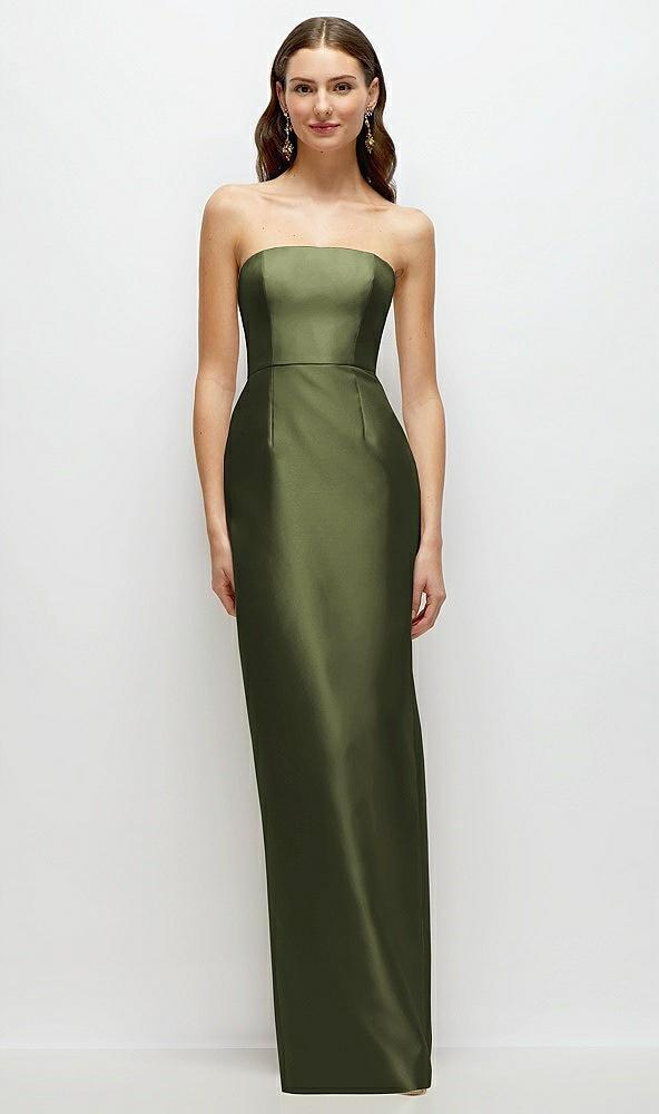strapless satin column dress with back slit