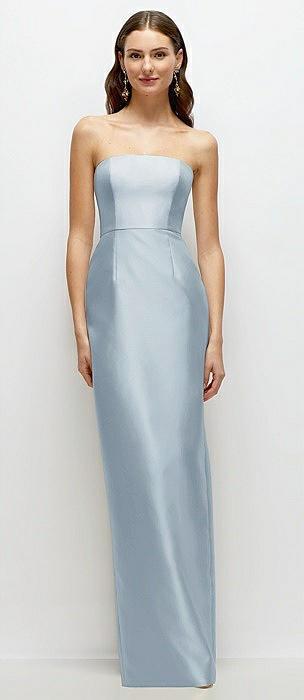 strapless satin column dress with back slit