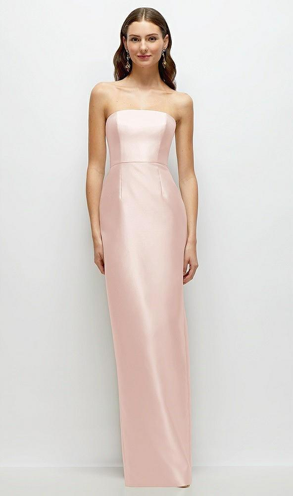 strapless satin column dress with back slit