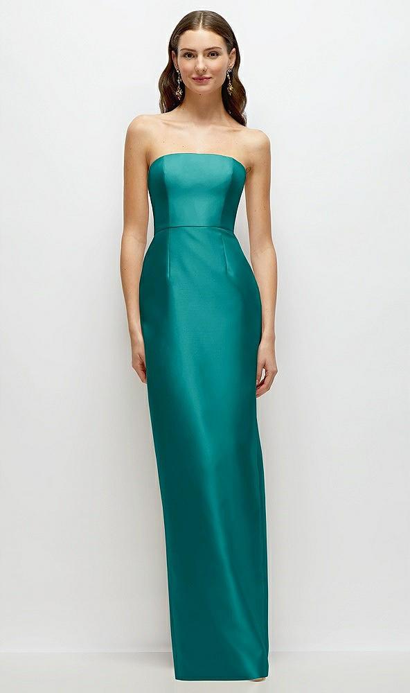 strapless satin column dress with back slit