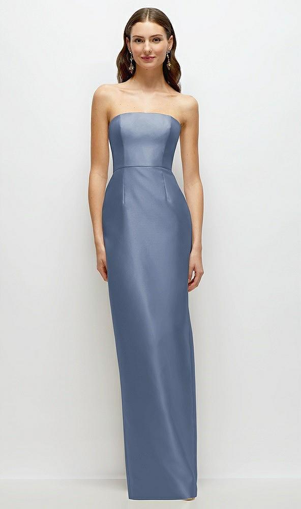 strapless satin column dress with back slit