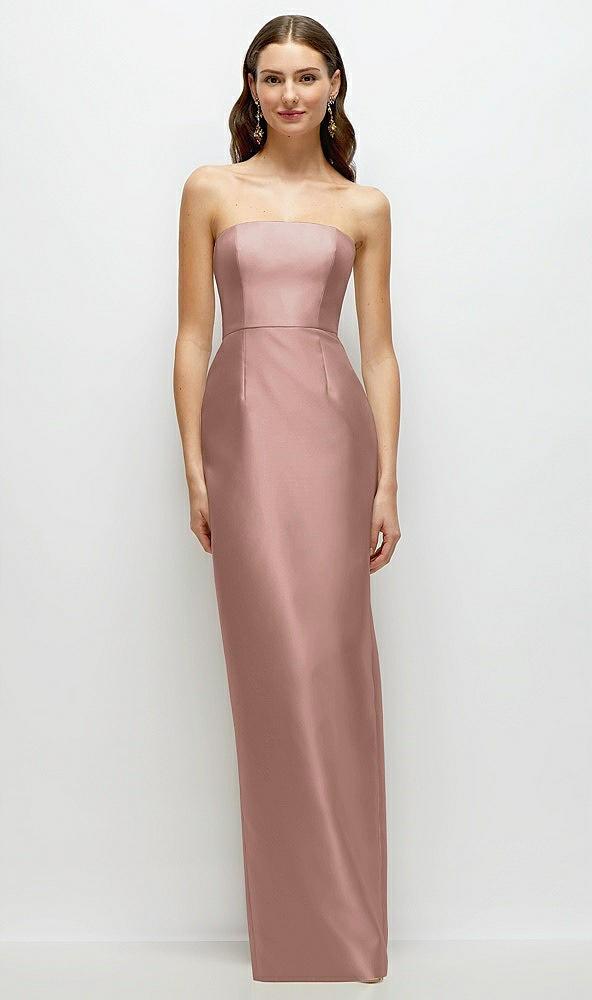 strapless satin column dress with back slit
