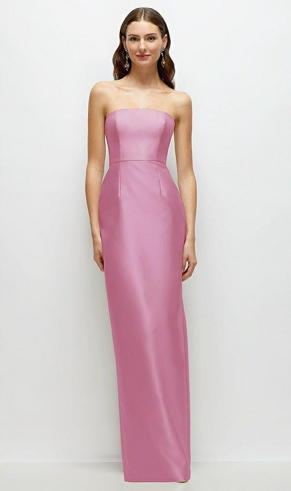 strapless satin column dress with back slit