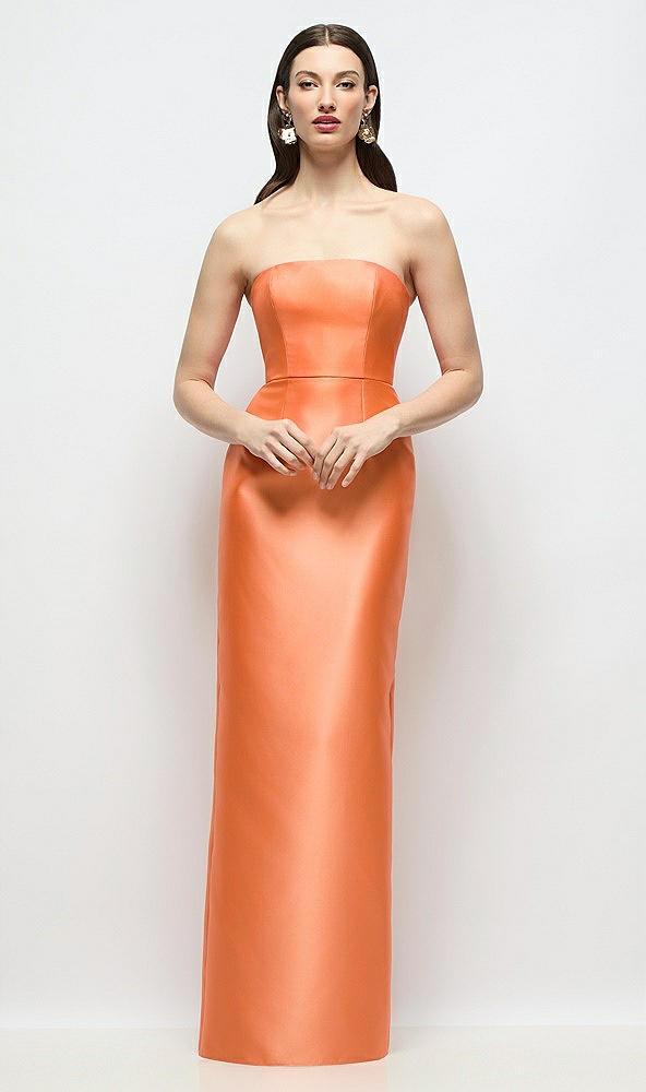 strapless satin column dress with back slit