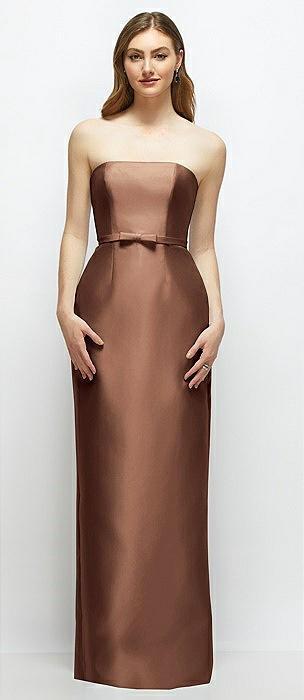 strapless satin column dress with bow-trimmed skinny belt