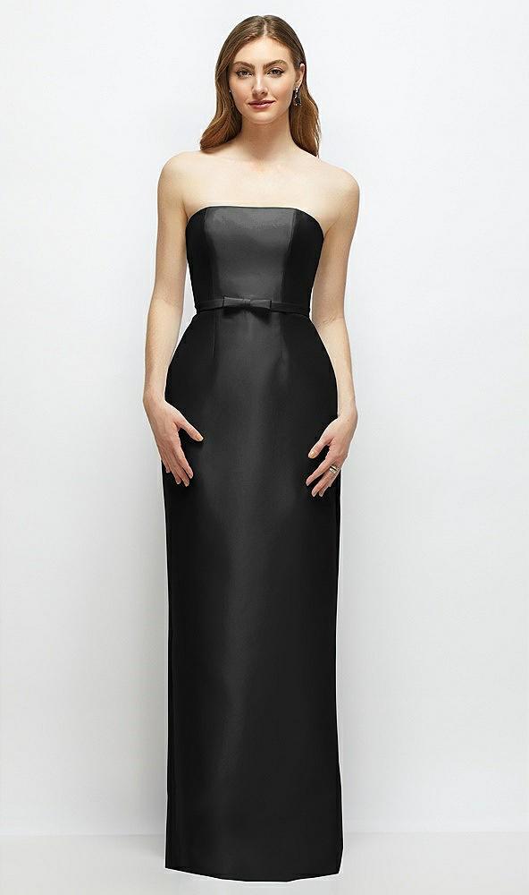 strapless satin column dress with bow-trimmed skinny belt