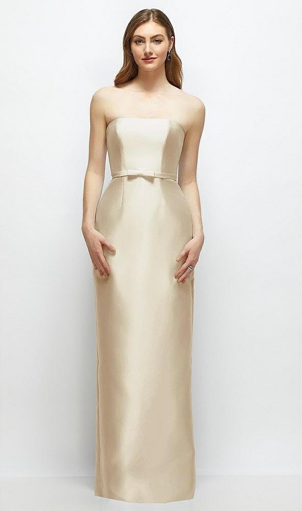 strapless satin column dress with bow-trimmed skinny belt