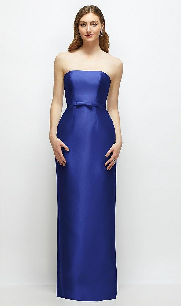 strapless satin column dress with bow-trimmed skinny belt