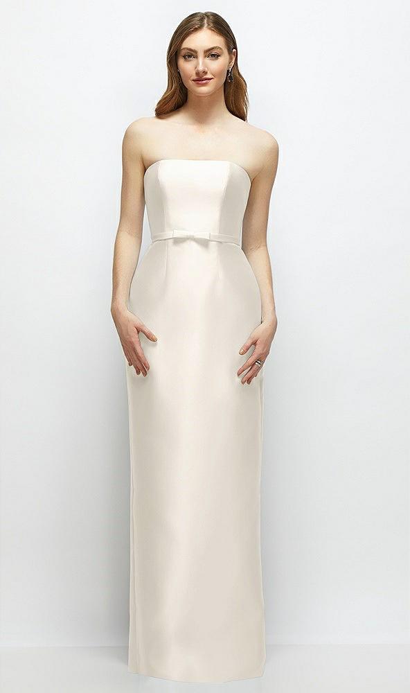 strapless satin column dress with bow-trimmed skinny belt