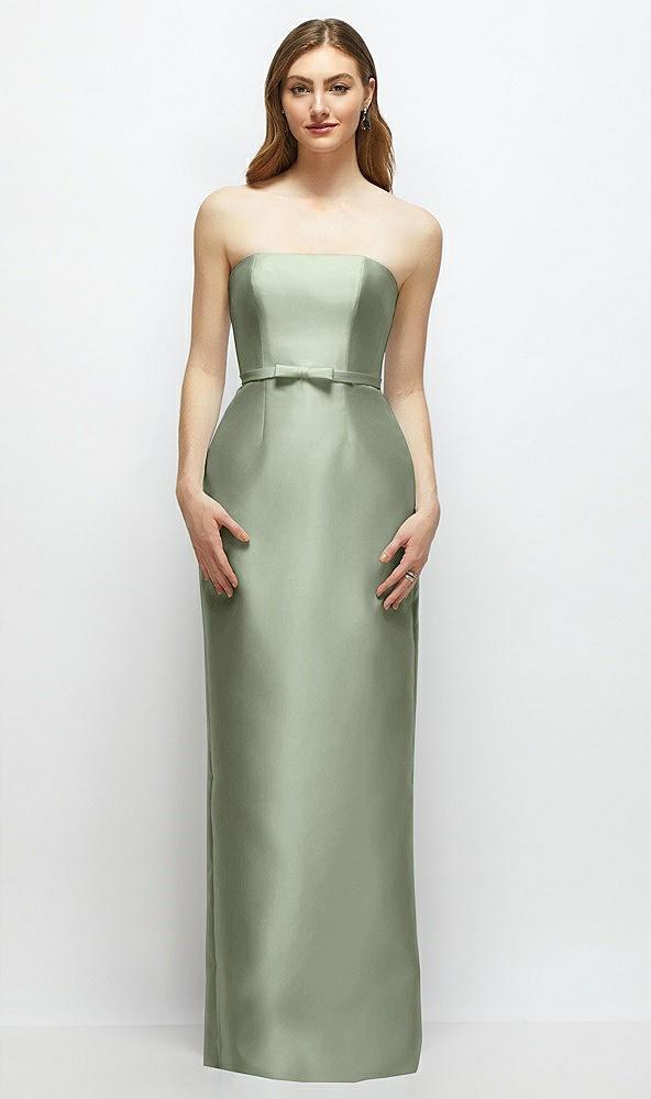 strapless satin column dress with bow-trimmed skinny belt