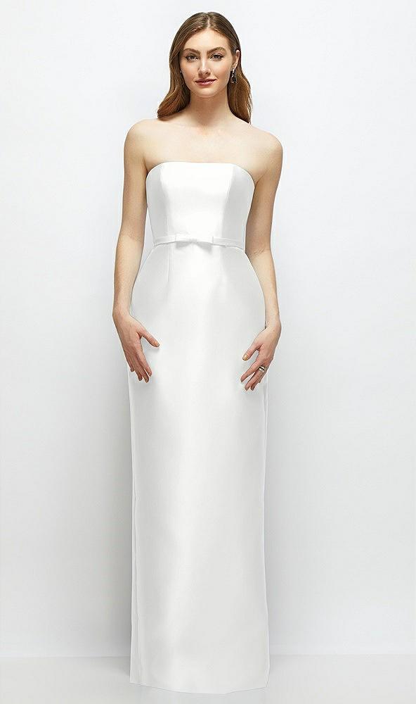 strapless satin column dress with bow-trimmed skinny belt