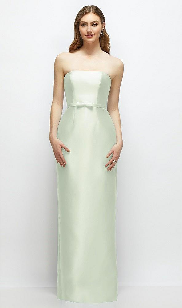 strapless satin column dress with bow-trimmed skinny belt