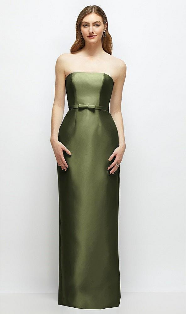 strapless satin column dress with bow-trimmed skinny belt