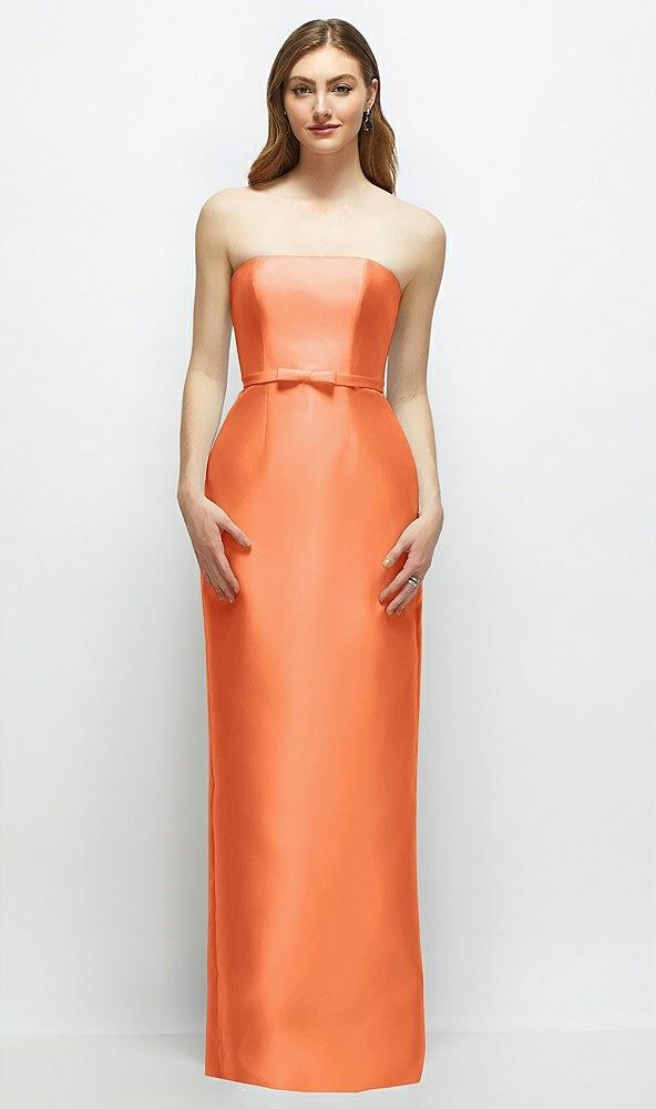 strapless satin column dress with bow-trimmed skinny belt