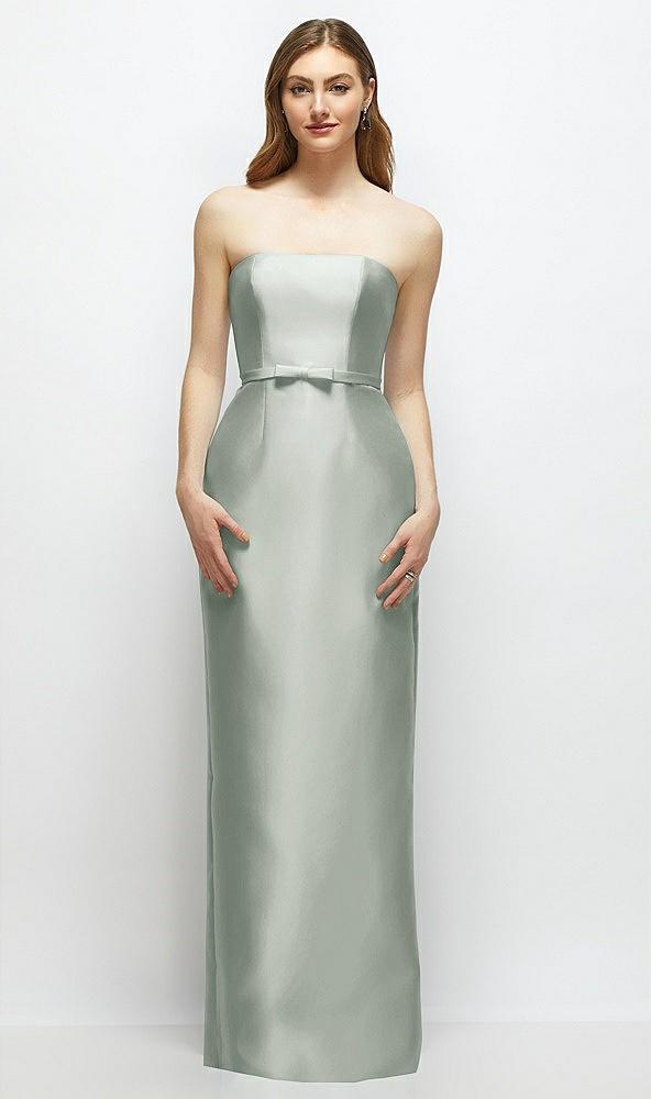 strapless satin column dress with bow-trimmed skinny belt