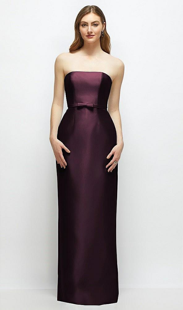 strapless satin column dress with bow-trimmed skinny belt