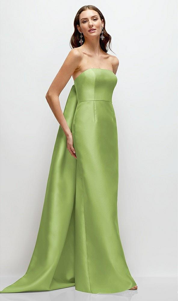 strapless satin column dress with removeable watteau train