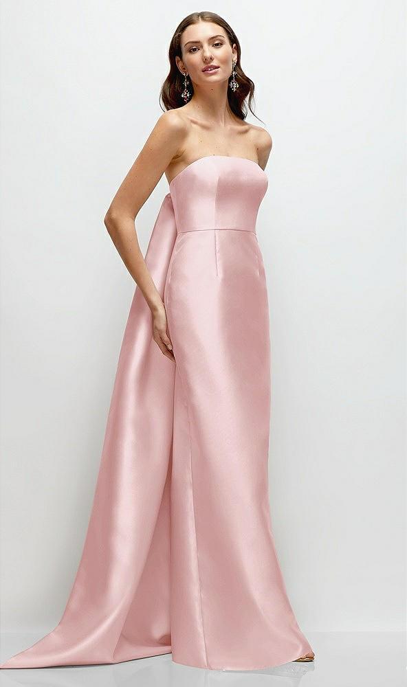 strapless satin column dress with removeable watteau train