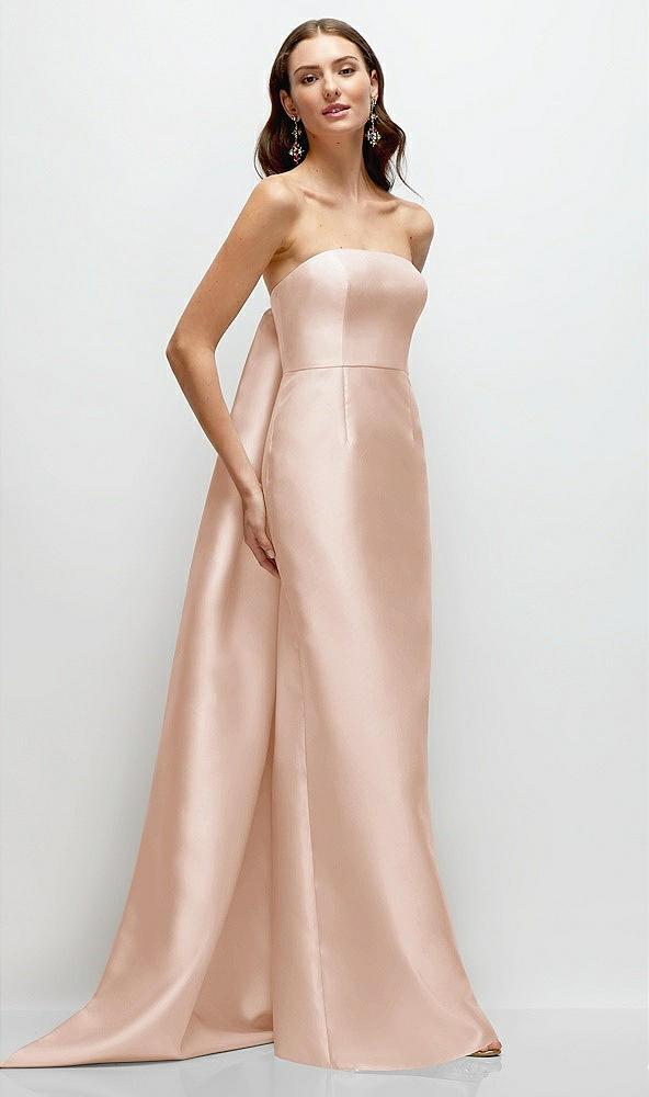 strapless satin column dress with removeable watteau train