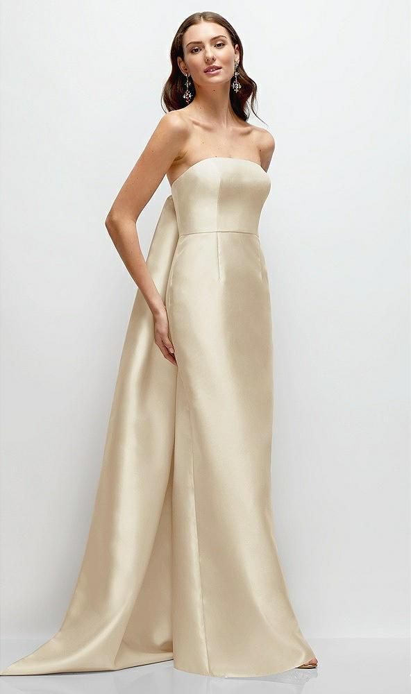 strapless satin column dress with removeable watteau train