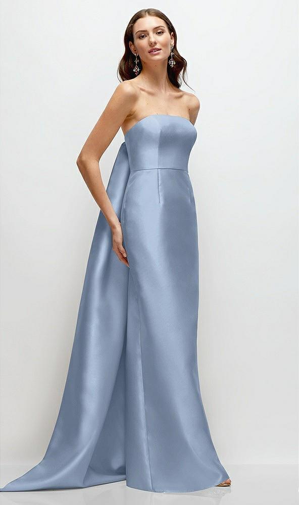 strapless satin column dress with removeable watteau train