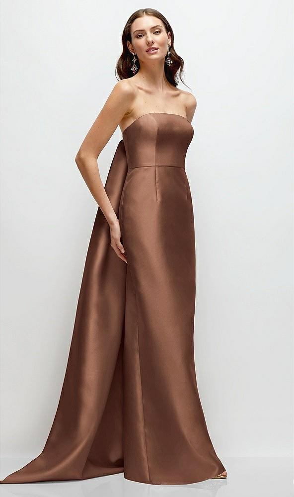strapless satin column dress with removeable watteau train