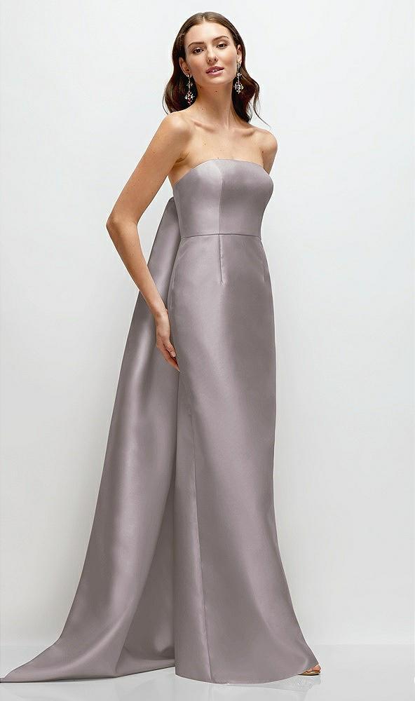 strapless satin column dress with removeable watteau train