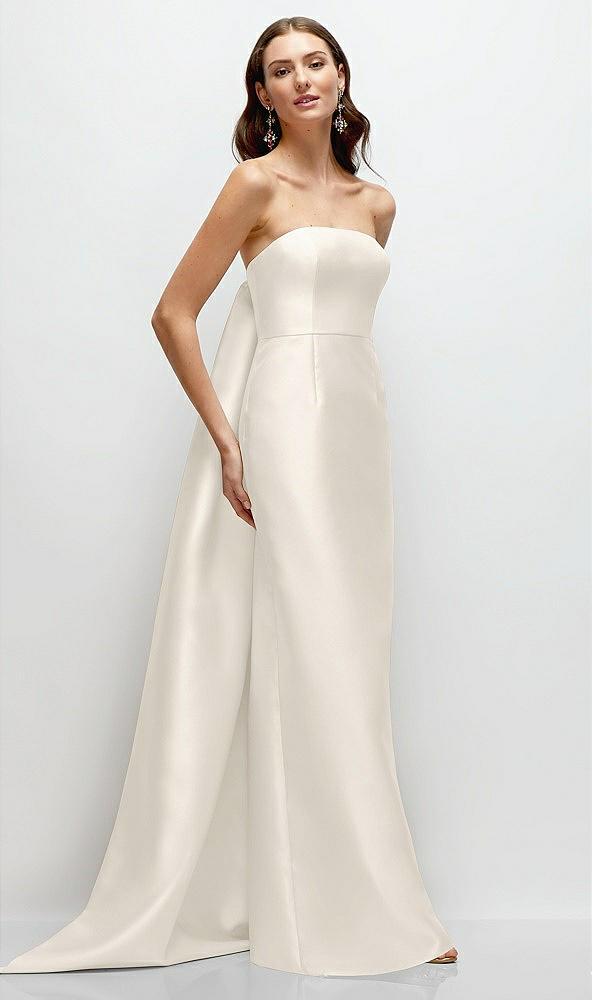 strapless satin column dress with removeable watteau train