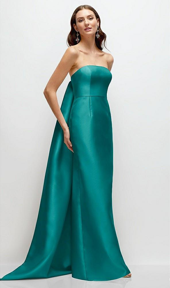 strapless satin column dress with removeable watteau train