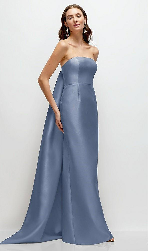 strapless satin column dress with removeable watteau train