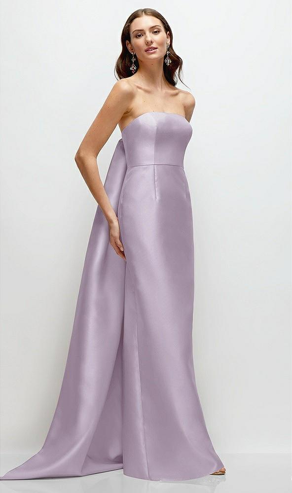 strapless satin column dress with removeable watteau train