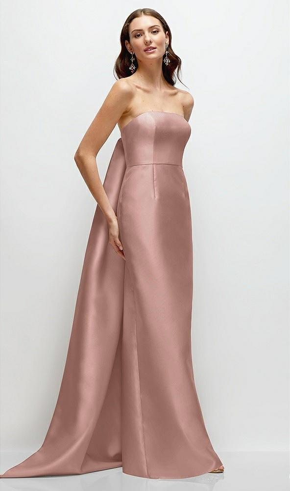 strapless satin column dress with removeable watteau train