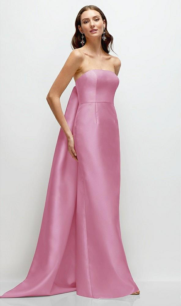 strapless satin column dress with removeable watteau train