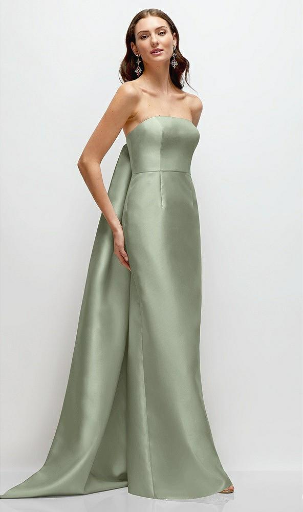 strapless satin column dress with removeable watteau train