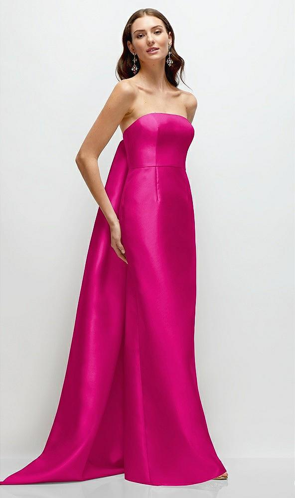 strapless satin column dress with removeable watteau train