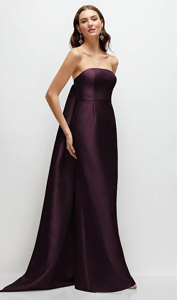 strapless satin column dress with removeable watteau train