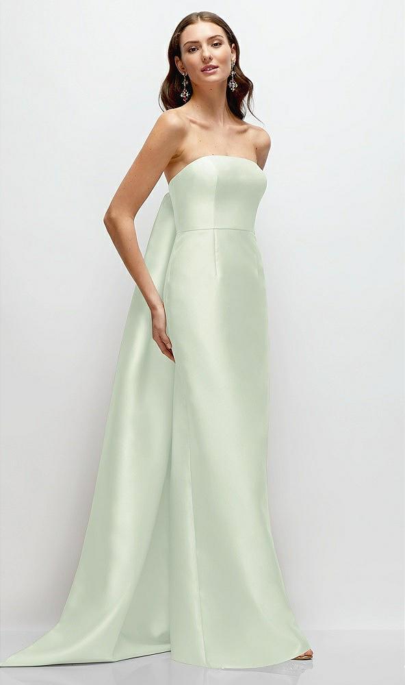 strapless satin column dress with removeable watteau train